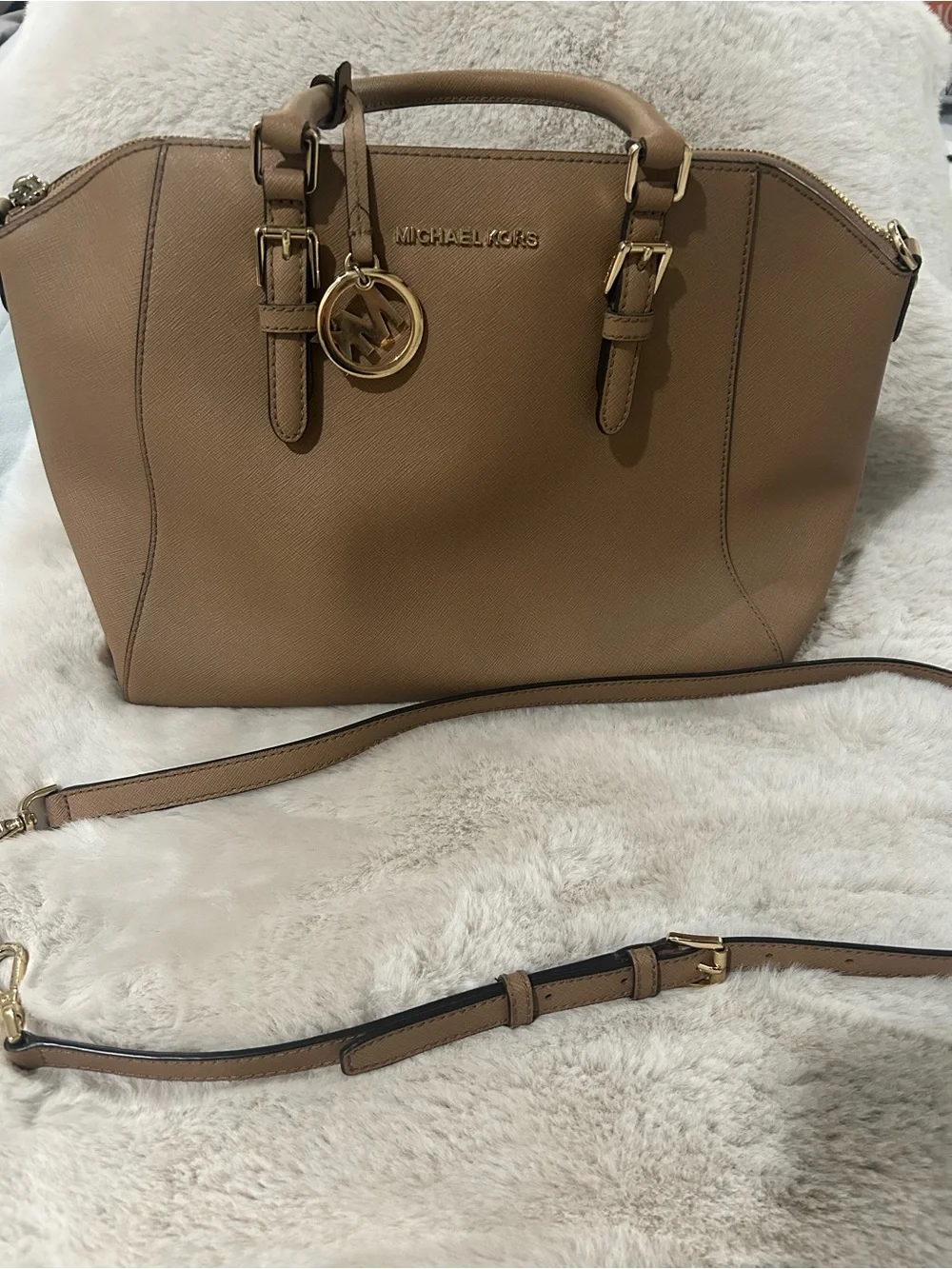 Michael Kors Tan Saffiano Satchel with Gold Accent Charm